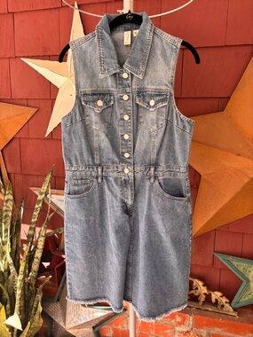 Y2K NWT Joie Dress Blue Denim Sleeveless Snap Button Pockets Women’s Size L